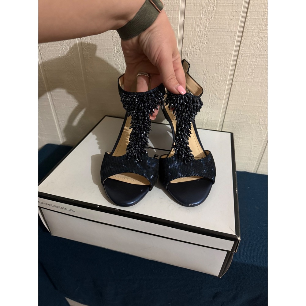 Alex Marie Navy Blue Beaded T-Strap Kitten Heels Peep Toe Evening Sandals 8.5M